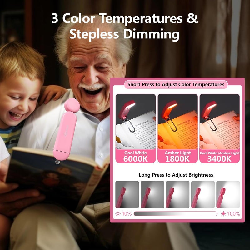 vavofo USB Rechargeable Blue Light Blocking Amber Clip On Bookmark Shaped Reading Light for Bookworms Reading in Bed (Pink) - Image 3